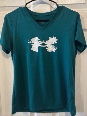 Under Armour Women's Teal V-Neck Floral Logo Tee